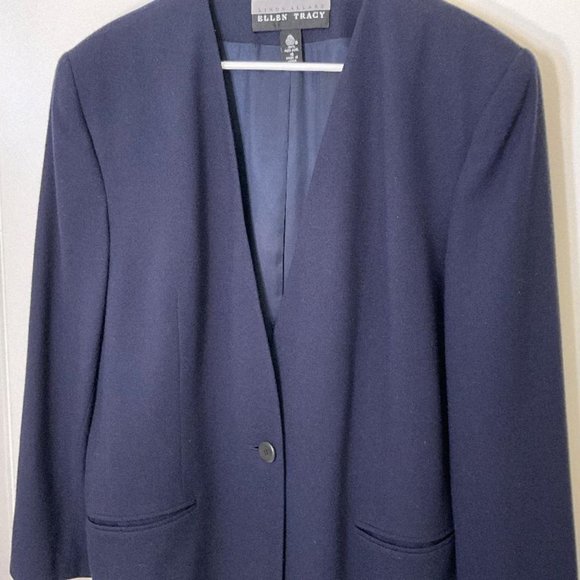 Linda Allred for ELLEN TRACY vintage 90's Navy Blue Blazer 100% wool EUC Size 16 - Picture 11 of 11